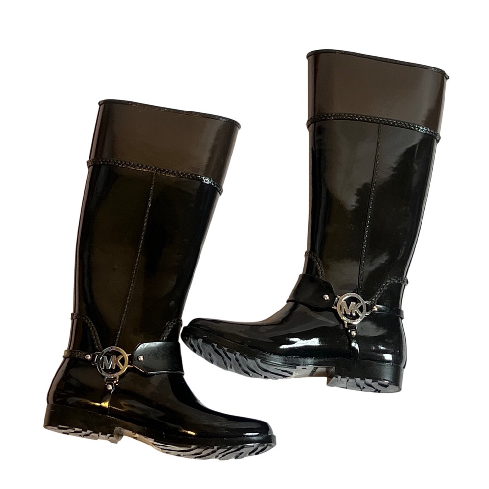 Michael Kors Fulton Harness Tall Rain Boots Black Brown Glossy Waterproof Size 8